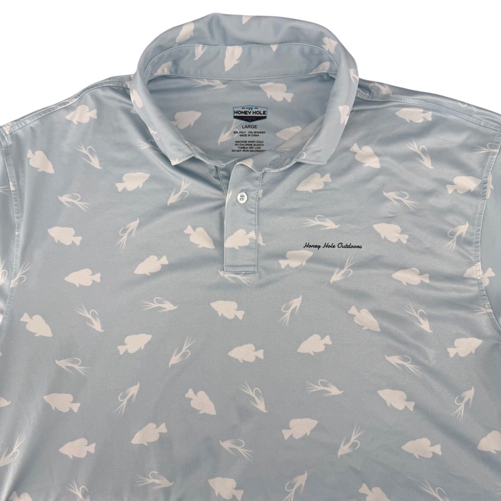 Honey Hole Outdoors Mens Large Blue Fish Fly Print Performance Polo Shirt L